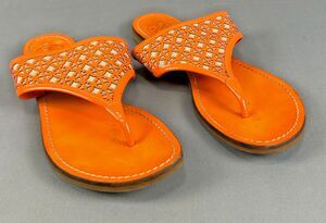 Tory Burch Roselle Orange Leather Laser Cut Lattice Thong Flat Sandals Slides 8M